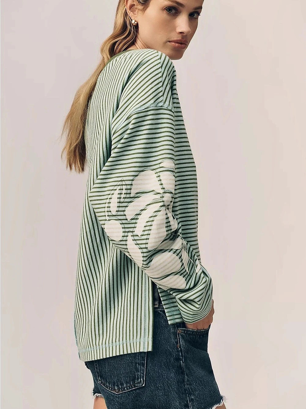 NWOT Pilcro Anthropologie Striped Long Sleeve Top in Green & White Size Small - Picture 2 of 5